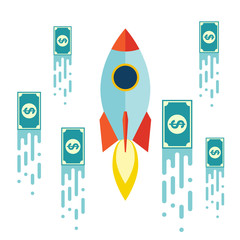 Starup Rocket with Money. Flat design. Vector