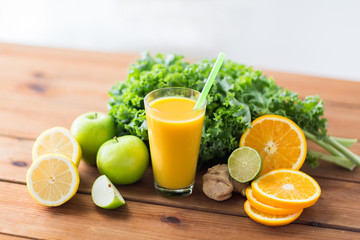 glass of orange juice, fruits and vegetables