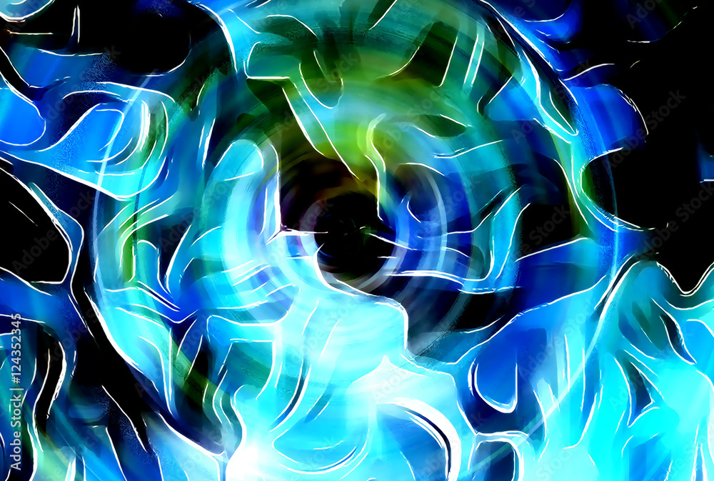 Poster abstract colorful background with spots and linear structutes, computer graphic design.