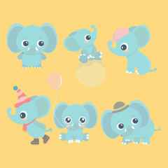 
Cute cartoon baby elephant set. Adorable little elephants, greeting cards design elements.
