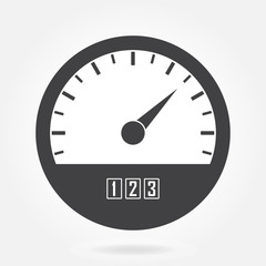 Speedometer icon or sign with arrow. Infographic gauge element. Vector symbol. Black tachometer isolated on white background. 