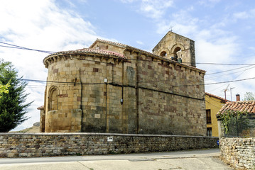 sight of the Romanesque church of San Cornelio and san Cipriano in the town of Revilla  of Santullan in Palencia, Castile and León, Spain