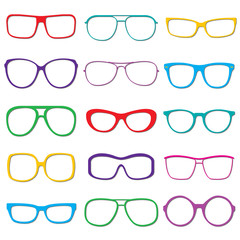 Glasses and sunglasses outline set isolated on white background. Colorful sunglasses silhouettes. Vector illustration.