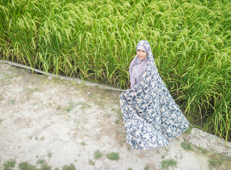 Beautiful happy Muslim woman in green field