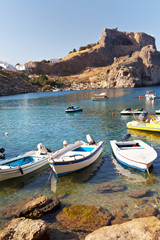 Fototapeta na wymiar Greece. Rhodes. View from the Saint Pauls Bay to the ancient Acropolis of Lindos