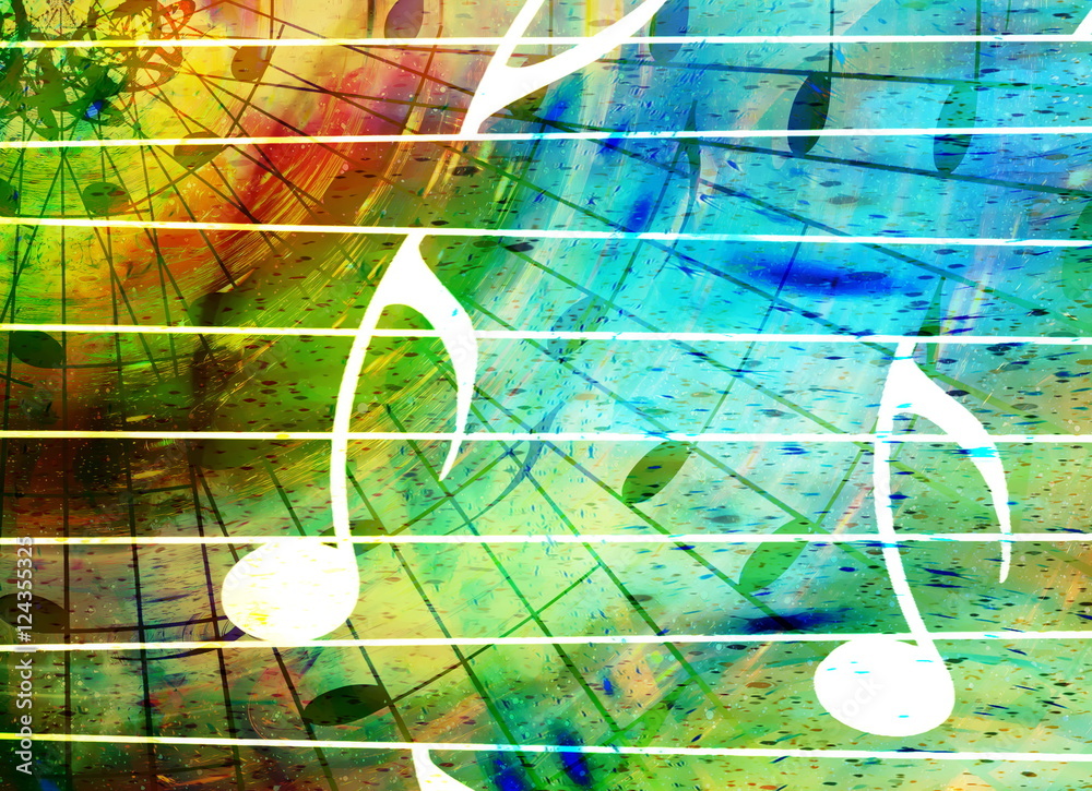 Poster music notes in space with stars. abstract color background. music concept.