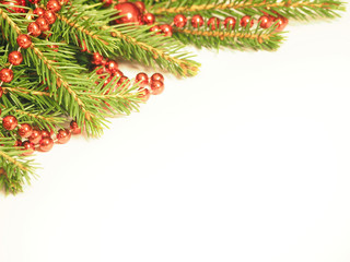 New Year background. Decorated Christmas Tree on white. Red ball