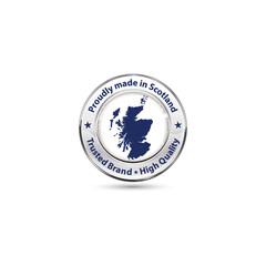 Proudly made in Scotland, Trusted Brand, High Quality - Icon / badge with the Scottish map on the background. 
