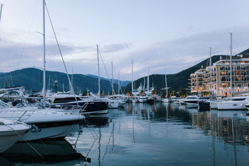 Fototapeta na wymiar Sailing Boats in Marina at Sunset. Tivat. Montenegro
