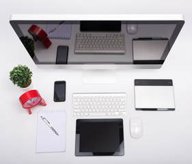 Top view Office monitor computer retina display, mouse, keyboard