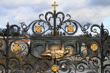 Charles bridge. Relief sculpture of St. Jan Nepomuka. Prague.