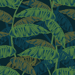 Fototapeta na wymiar Tropical leaves, dense jungle. Seamless, hand painted.