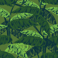 Fototapeta na wymiar Tropical leaves, dense jungle. Seamless, hand painted.