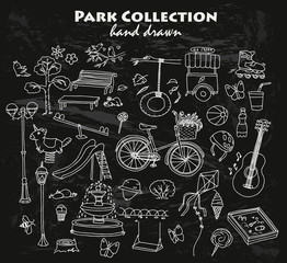 Park doodles collection on the black background. Different trees, bench, ice-cream, fountain, bush, guitar, drinking, ball, bicycle etc.