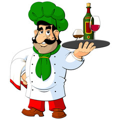Cartoon Italian chef offers wine and brandy.