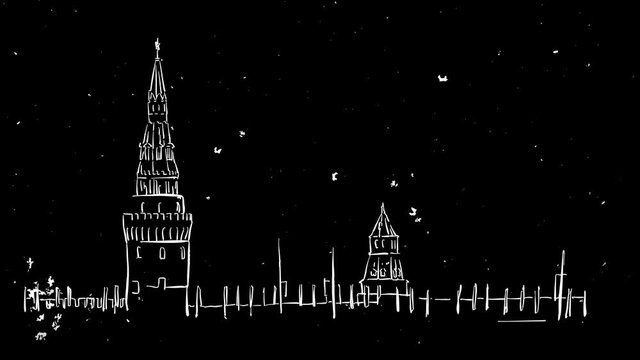 Moscow Kremlin Outline Time Lapse Sketch on Black, Sketched Outline Drawing Animation Footage