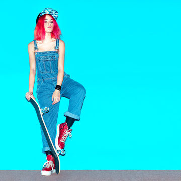 Urban Girl with skateboard Fancy pink hair style