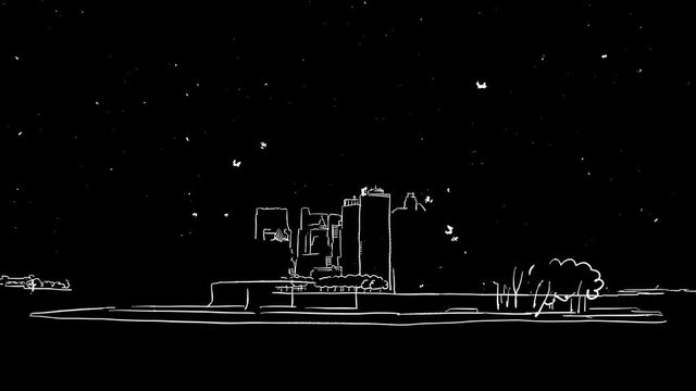 Liberty Statue and New York Skyline Time Lapse Animation on Black, Sketched Outline Drawing Footage