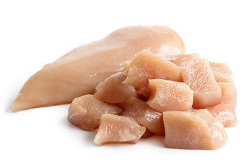 Whole skinned deboned raw chicken breast isolated on white. - obrazy, fototapety, plakaty