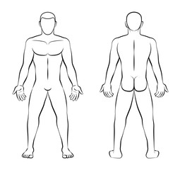 Nude man - outline illustration - front view and back view.