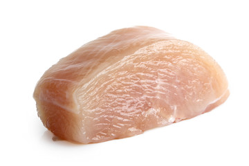 Half cut skinned deboned raw chicken breast isolated on white.