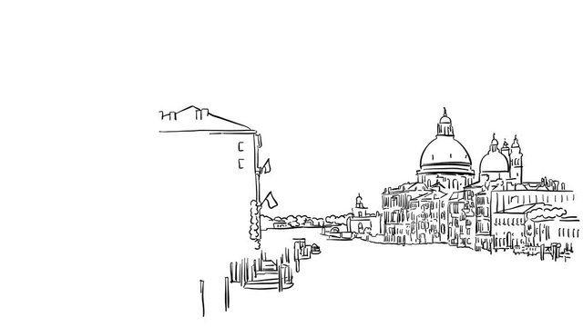 Venice Grand Canal Animated Sketch on White, Outline Drawing Animation Footage