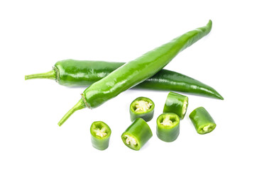 Green chilli pepper on white background.