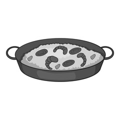 Frying pan with rice and shrimp icon. Gray monochrome illustration of frying pan with rice and shrimp vector icon for web