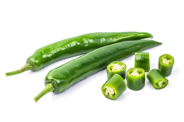 Green chilli pepper on white background.