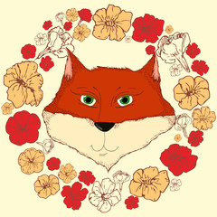 Vector cute illustration with a green-eyed fox in a floral wreath. Illustration for children, animal, floral themes, design element for postcards, printed production, cartoon images.