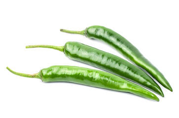 Green chilli pepper on white background.