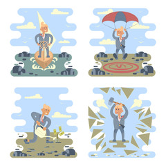 Business success concepts set. Businessman planting a money tree, stand at the wheel, breaks challenges, landing on a money icon target in the middle of the stones. Vector Character design.