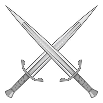 Two crossed swords icon. Gray monochrome illustration of two crossed swords vector icon for web