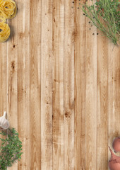 Küche / Kochen - Italienisch essen - Zutaten auf rustikalem Holztisch