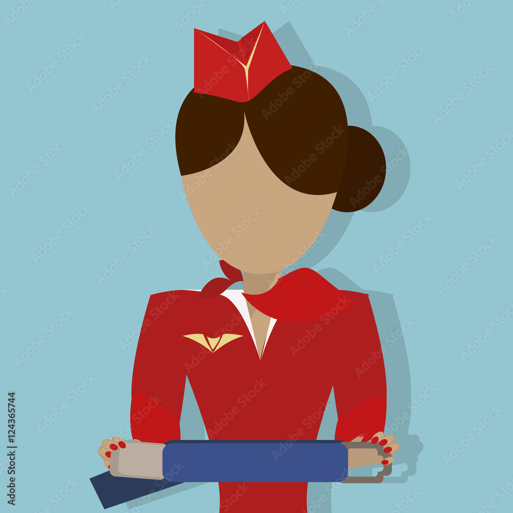 Wall mural The Stewardess shows how to use the safety seat belt. Vector illustrationon on  blue background.