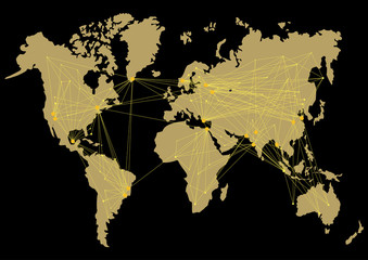 World map with routes between countries. Black, yellow colors.