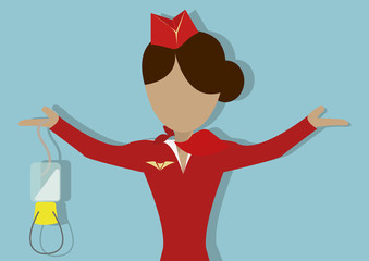 The Stewardess shows  how to use the oxygen mask in case of decompression. Vector illustrationon on blue background.Horizontal arrangement