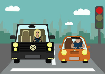 Fototapeta premium Comical situations on the road. Pretty slim girl in a jeep and a fat woman in a small car standing at a traffic light. The problem of excess weight. The problem of social inequality.