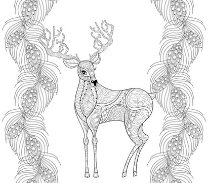 Zentangle reindeer with fir, pine branch seamless frame for Chri