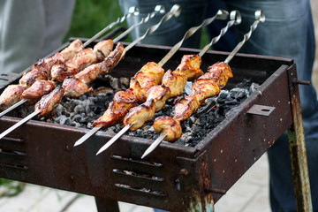 The slices of Turkey on skewers and cooked on the grill