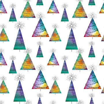 Seamless christmas pattern with watercolor vector trees and hand-drawn elements on white background. Colofrul endless