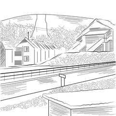 Countryside with the mountain, houses and road. Hand drawn vector. EPS.