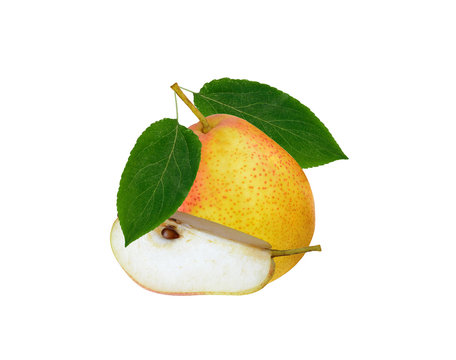 Pears with leaf isolated on white background