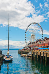 Seattle waterfront overlooking the Great Wheel.