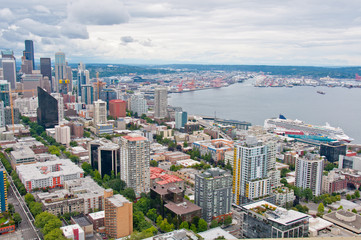 Aerial view of Seattle harbor overlooking Elliott Bay.