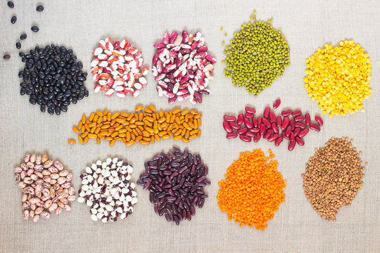 Lentils and beans of various colors. Top view