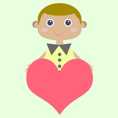 Illustration of cute smiling boy holding big pink heart