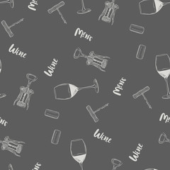 Wine,glass, cork, corkscrew. set in ihand drawn style.