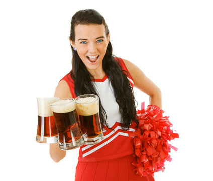 Cheerleader: Holding a Handful of Beer Mugs