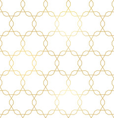 Naklejka premium Vector golden texture, trendy gold lines seamless pattern, repeating geometric tiles, simple ornamental background with polygons. Design for tileable print, wallpaper, textile, decoration, digital